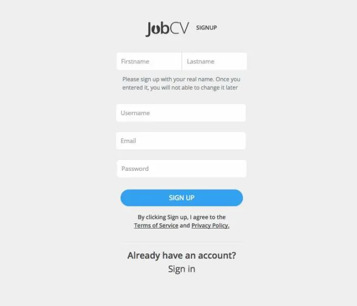 JobsCV.Me's simple sign up page